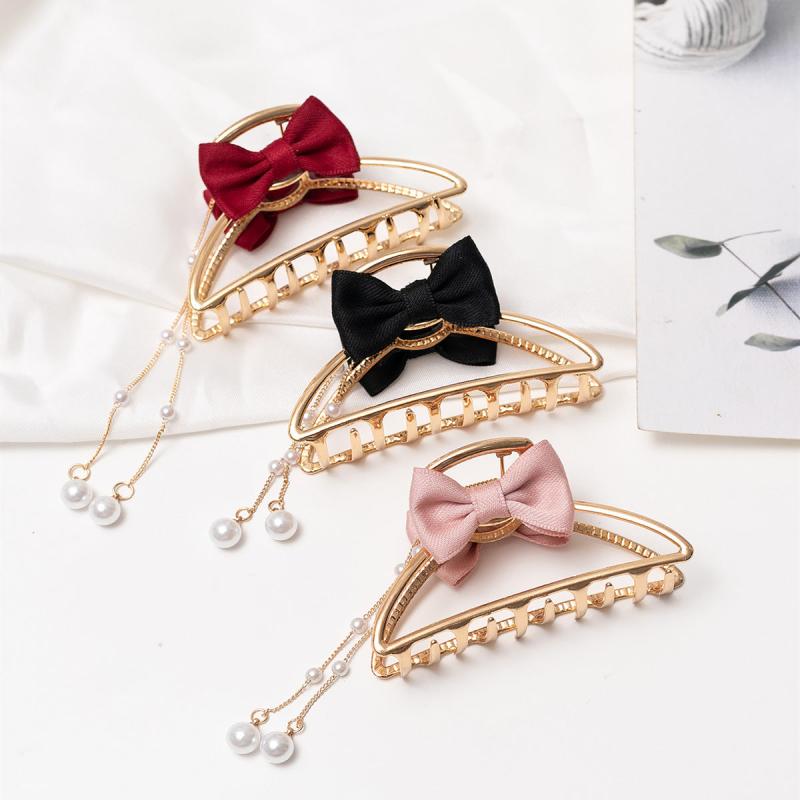 Faux Pearl Tassel Bow Hair Claw Hollow Alloy Nonslip Ponytail Holder