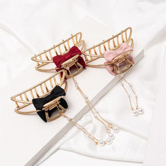 Faux Pearl Tassel Bow Hair Claw Hollow Alloy Nonslip Ponytail Holder
