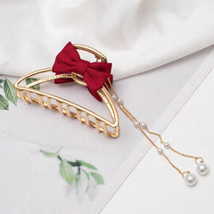 Faux Pearl Tassel Bow Hair Claw Hollow Alloy Nonslip Ponytail Holder