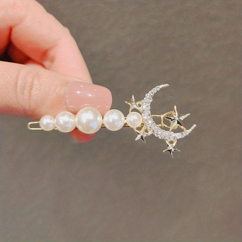 Y2K Pearl Rhinestone Hair Pin Moon Star Hair Clips