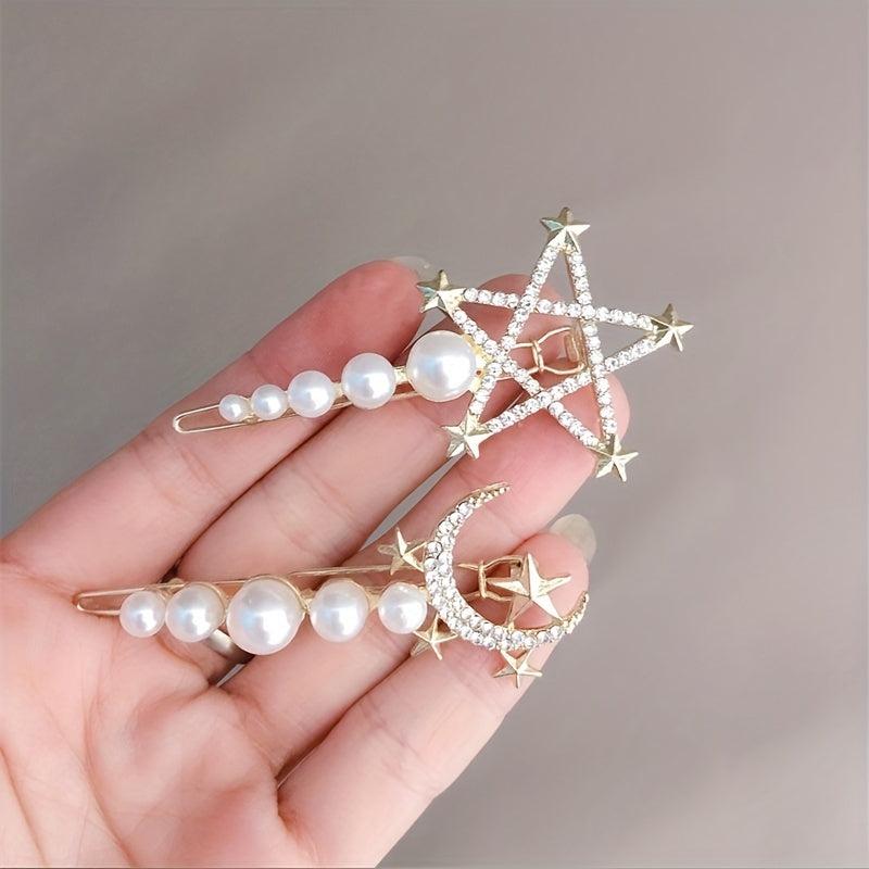 Y2K Pearl Rhinestone Hair Pin Moon Star Hair Clips