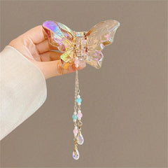 Crystal Butterfly Hair Claw with Beaded Pendant - Hair Accessories