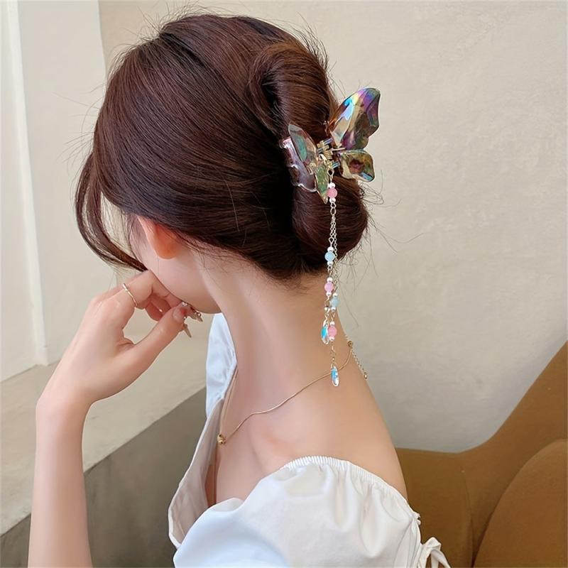 Crystal Butterfly Hair Claw with Beaded Pendant - Hair Accessories