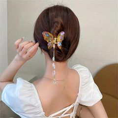 Crystal Butterfly Hair Claw with Beaded Pendant - Hair Accessories