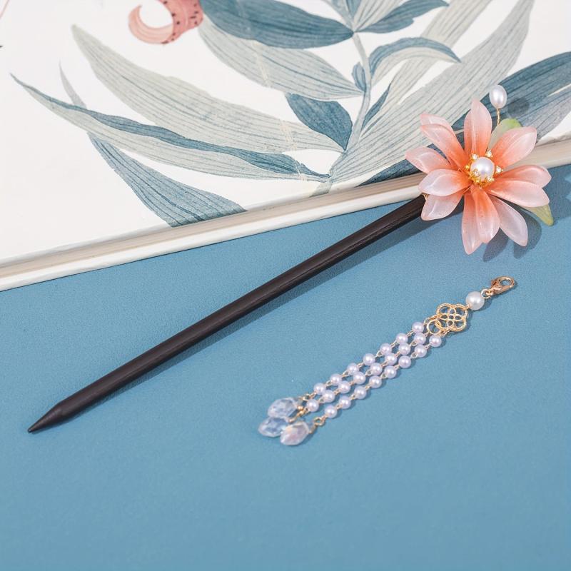 Wooden Flower Hairpin Ancient Style Beaded Tassel Hair Accessories