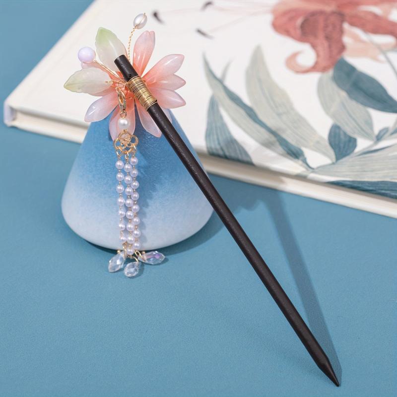Wooden Flower Hairpin Ancient Style Beaded Tassel Hair Accessories