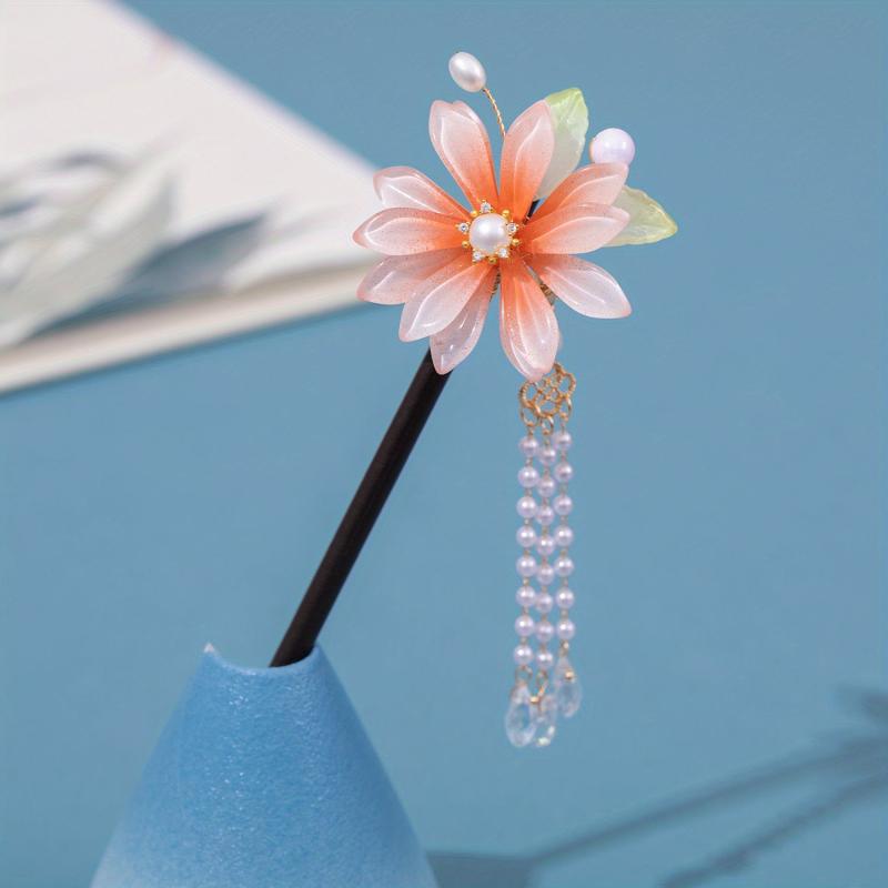 Wooden Flower Hairpin Ancient Style Beaded Tassel Hair Accessories