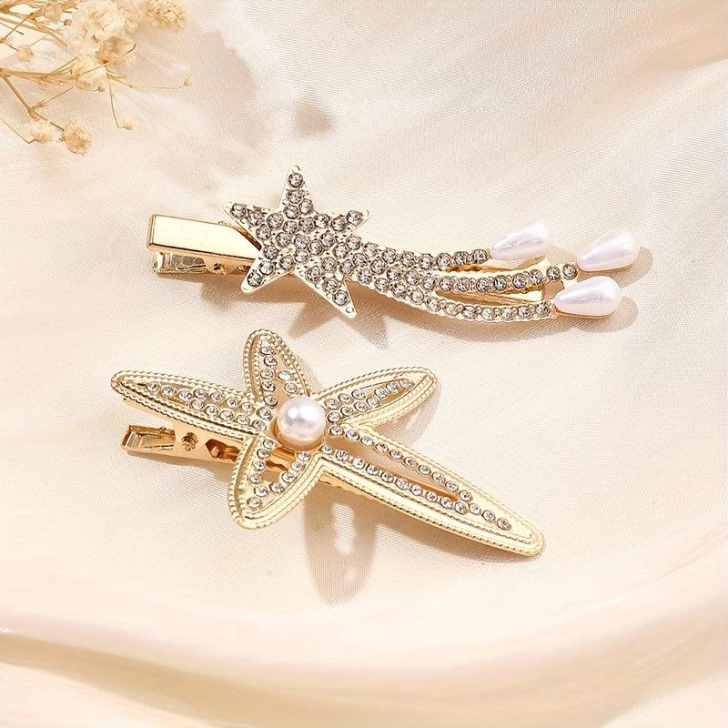 Rhinestone Starfish Hairpin Pearl Shooting Star Side Hair Clip for Women Girls