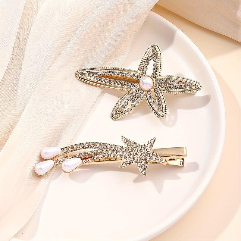 Rhinestone Starfish Hairpin Pearl Shooting Star Side Hair Clip for Women Girls