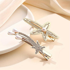 Rhinestone Starfish Hairpin Pearl Shooting Star Side Hair Clip for Women Girls