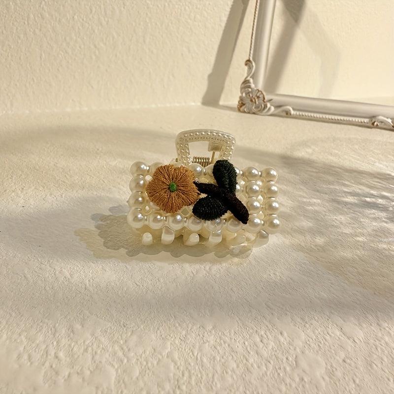 Faux Pearl Hair Claw Clip Flower Embroidered Hair Claw Nonslip Shark Claw