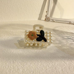 Faux Pearl Hair Claw Clip Flower Embroidered Hair Claw Nonslip Shark Claw