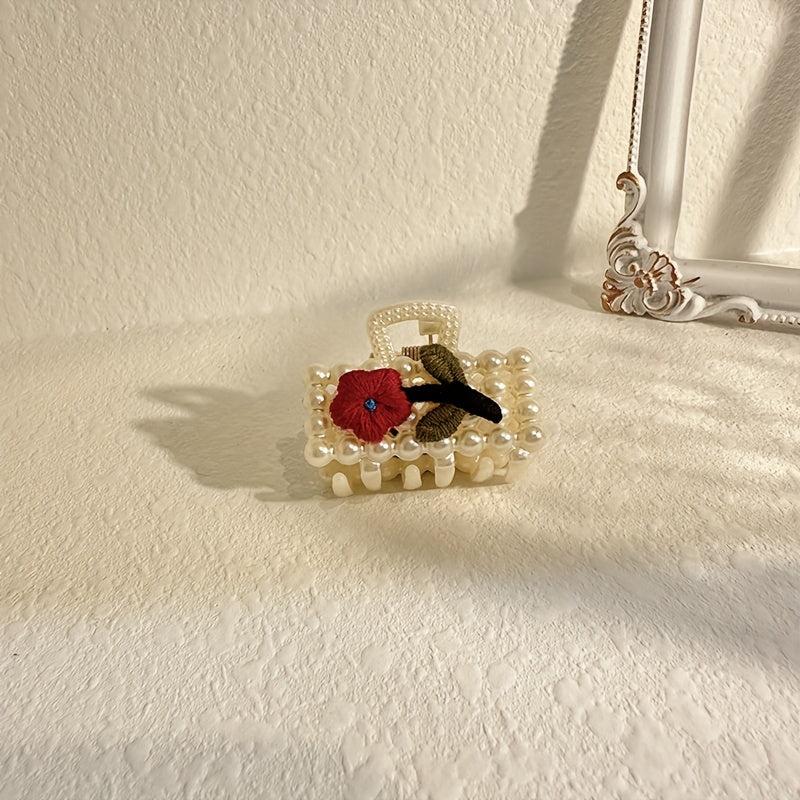 Faux Pearl Hair Claw Clip Flower Embroidered Hair Claw Nonslip Shark Claw