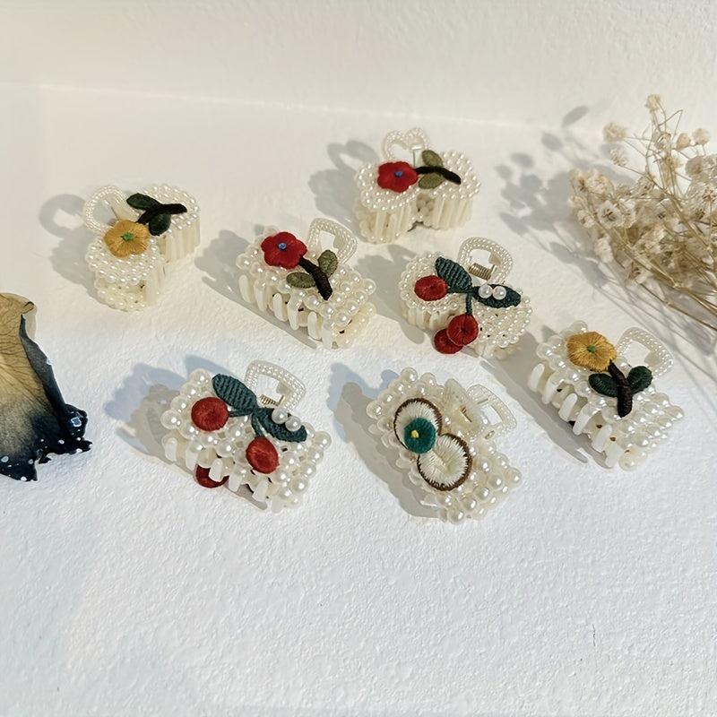 Faux Pearl Hair Claw Clip Flower Embroidered Hair Claw Nonslip Shark Claw