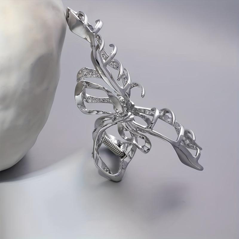 Silvery Ribbon Bow Hair Claw Clip Nonslip Ponytail Holder Hair Shark Claw Women