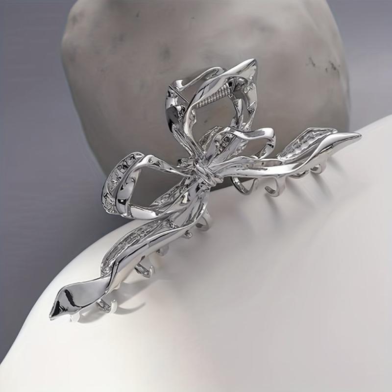 Silvery Ribbon Bow Hair Claw Clip Nonslip Ponytail Holder Hair Shark Claw Women