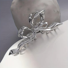 Silvery Ribbon Bow Hair Claw Clip Nonslip Ponytail Holder Hair Shark Claw Women