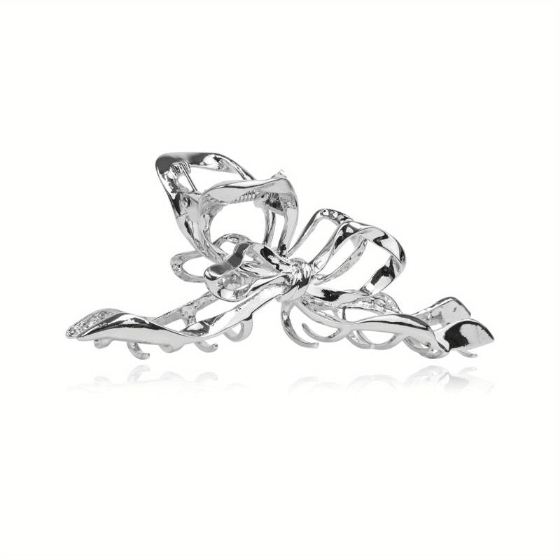 Silvery Ribbon Bow Hair Claw Clip Nonslip Ponytail Holder Hair Shark Claw Women
