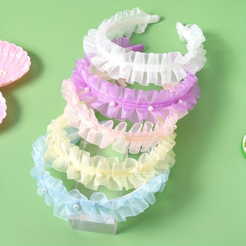 5pcs Sweet Headband Ruffled Hair Band Faux Pearl Decor Head Hoop