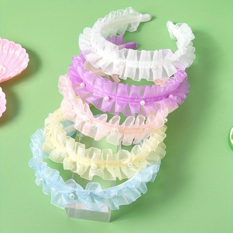 5pcs Sweet Headband Ruffled Hair Band Faux Pearl Decor Head Hoop