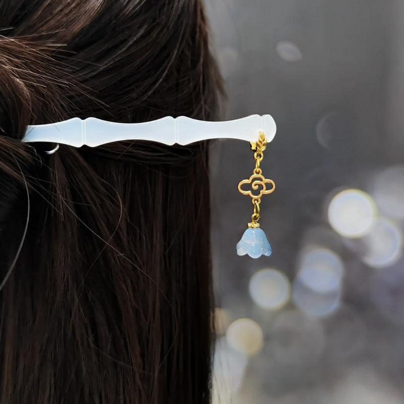 Vintage Chinese Hanfu Flower Tassel Hair Pin Acetate Jade Hairpin