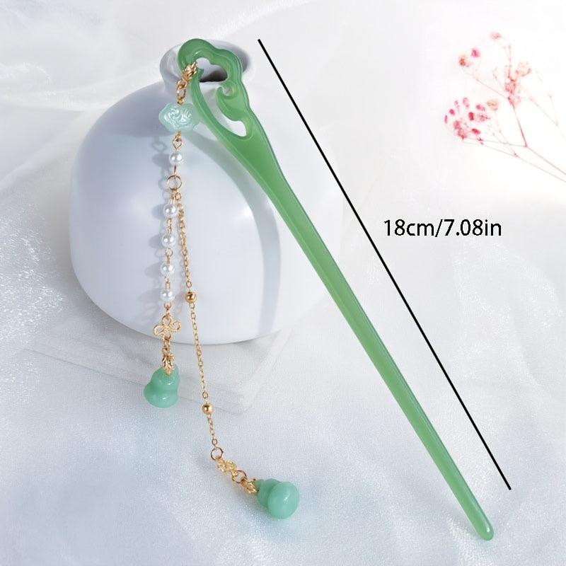 Vintage Chinese Hanfu Flower Tassel Hair Pin Acetate Jade Hairpin