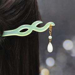 Vintage Chinese Hanfu Flower Tassel Hair Pin Acetate Jade Hairpin