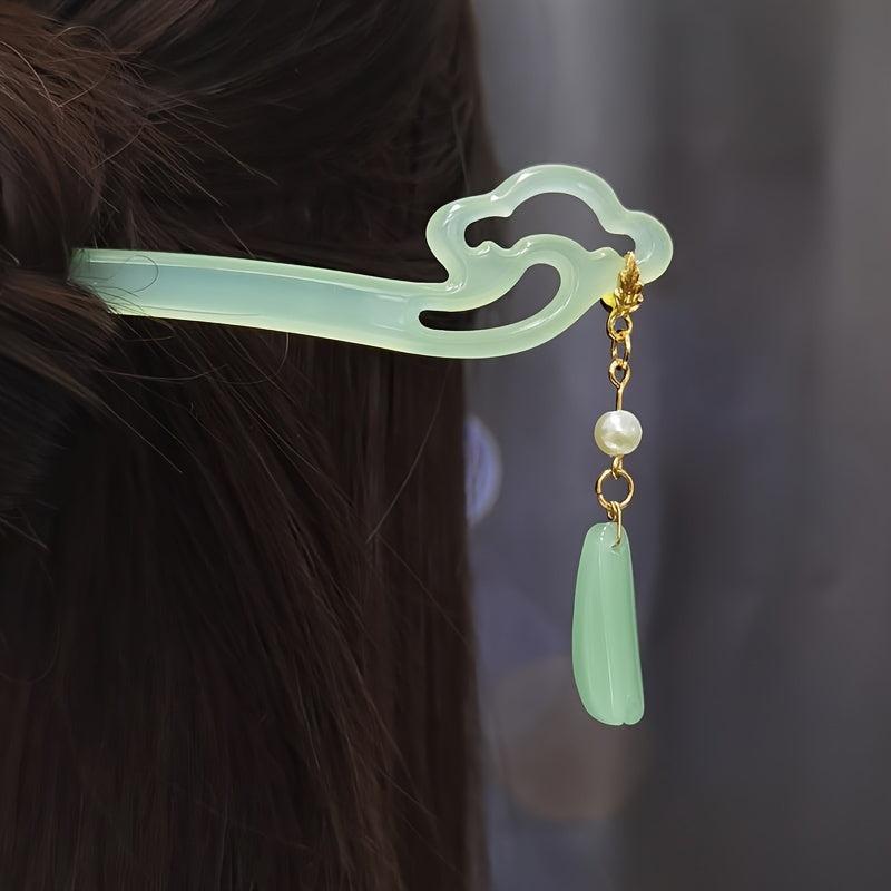 Vintage Chinese Hanfu Flower Tassel Hair Pin Acetate Jade Hairpin