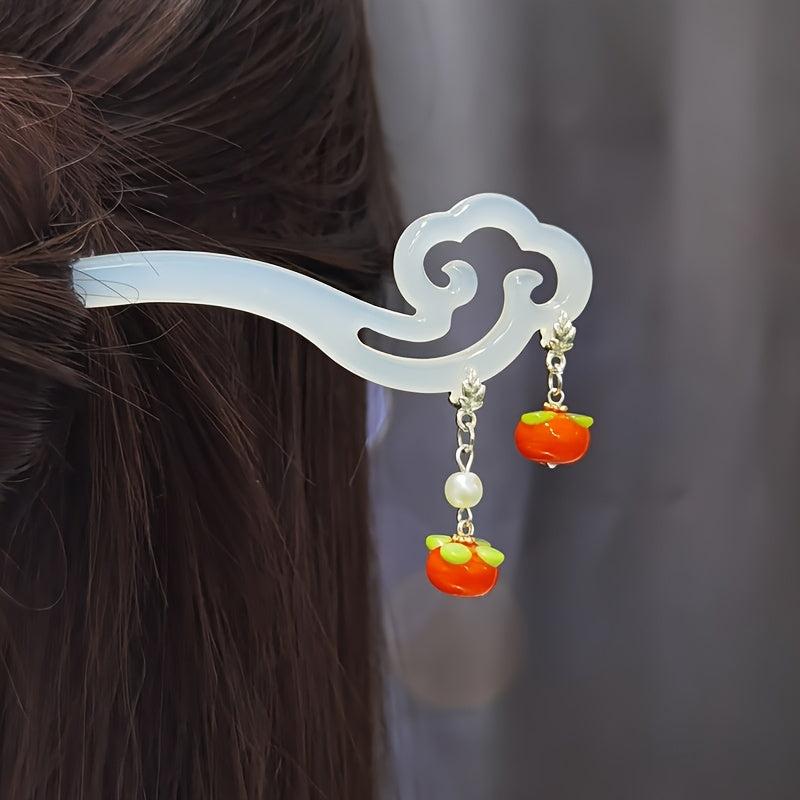 Vintage Chinese Hanfu Flower Tassel Hair Pin Acetate Jade Hairpin