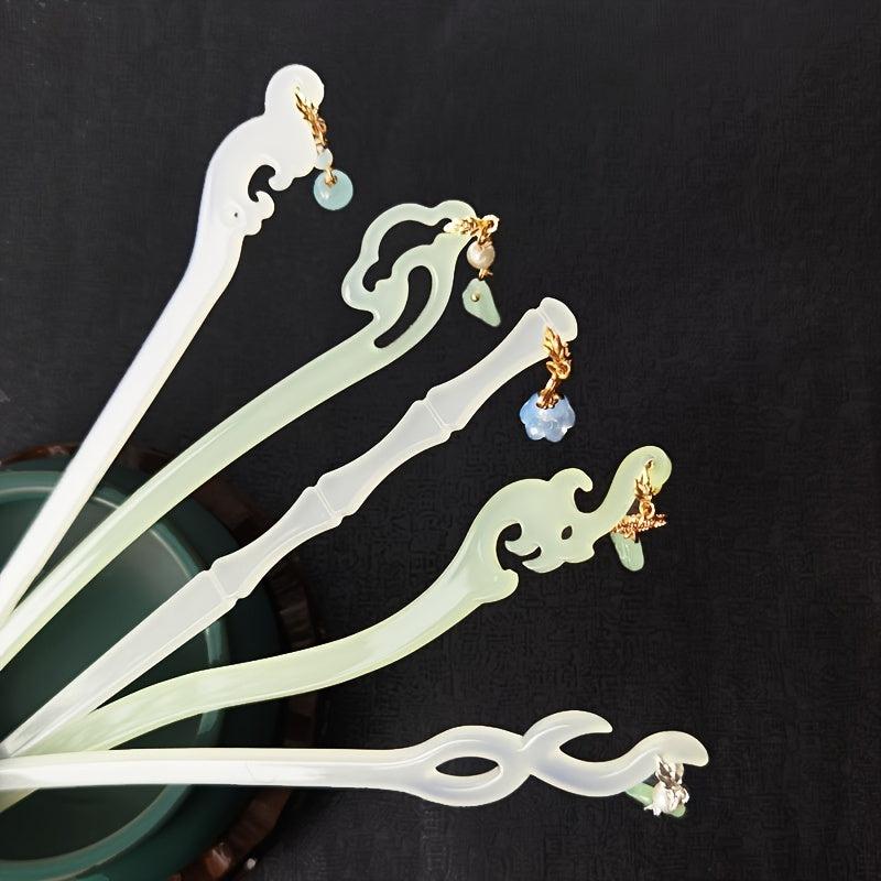 Vintage Chinese Hanfu Flower Tassel Hair Pin Acetate Jade Hairpin