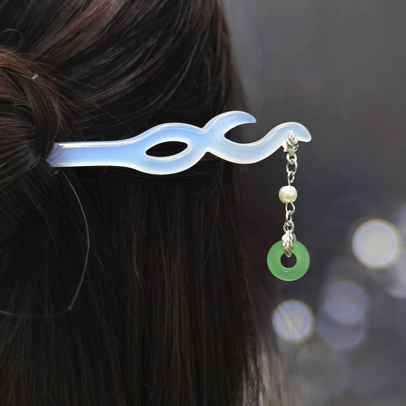 Vintage Chinese Hanfu Flower Tassel Hair Pin Acetate Jade Hairpin
