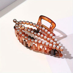 Large Plastic Leaf Hair Claw Rhinestone Pearl Clip for Women