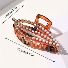 Large Plastic Leaf Hair Claw Rhinestone Pearl Clip for Women