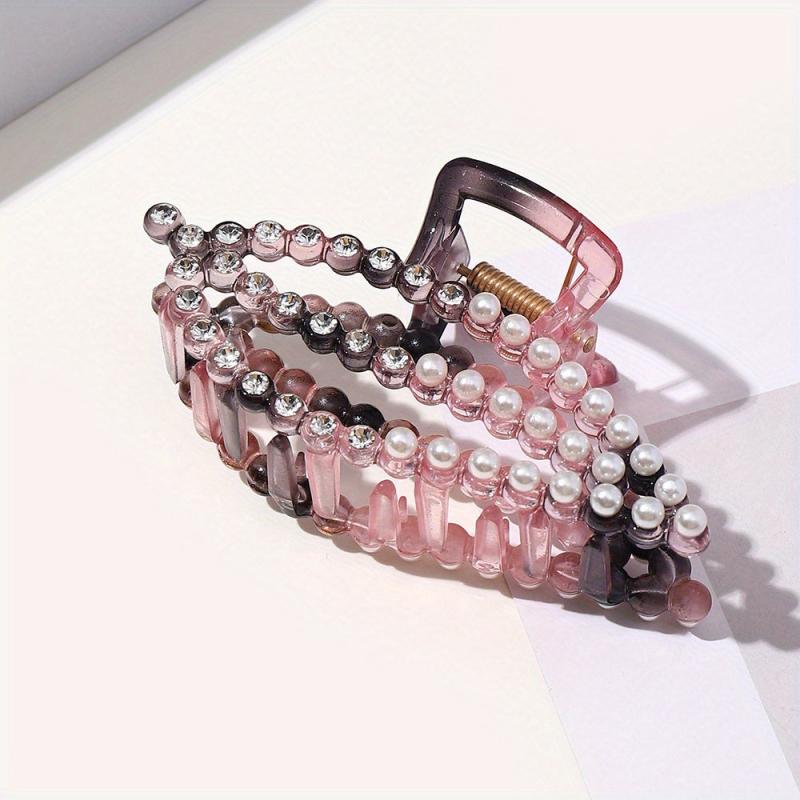 Large Plastic Leaf Hair Claw Rhinestone Pearl Clip for Women