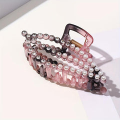 Large Plastic Leaf Hair Claw Rhinestone Pearl Clip for Women