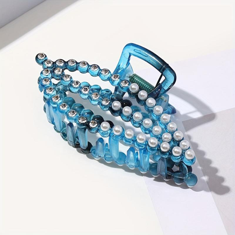 Large Plastic Leaf Hair Claw Rhinestone Pearl Clip for Women