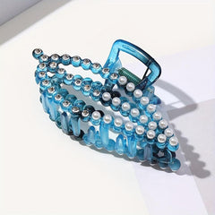 Large Plastic Leaf Hair Claw Rhinestone Pearl Clip for Women