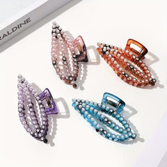 Large Plastic Leaf Hair Claw Rhinestone Pearl Clip for Women