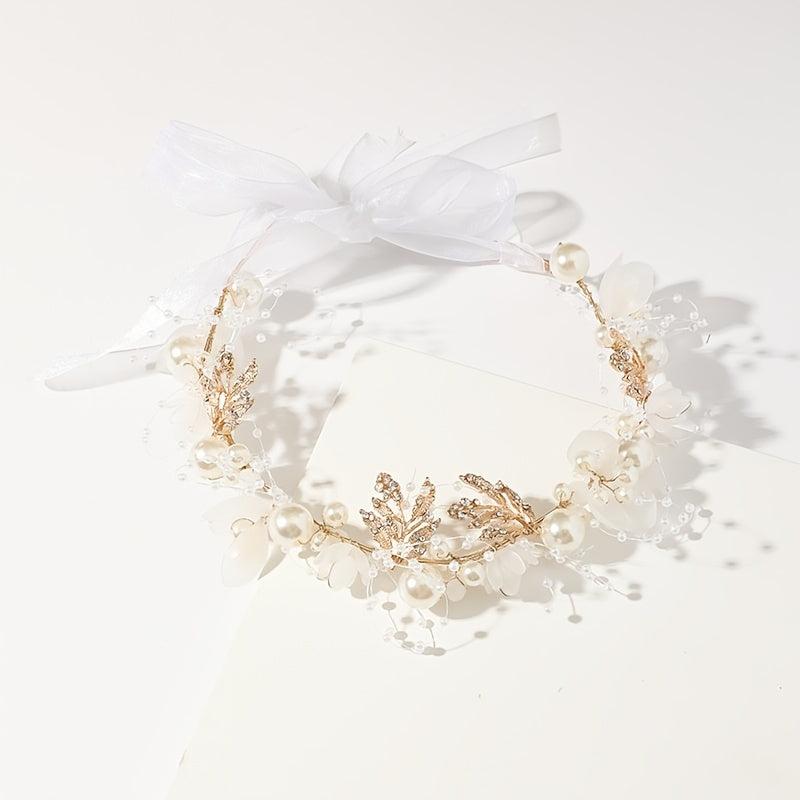 Faux Pearl Flower Headband Hand Braided Golden Leaf Tiara