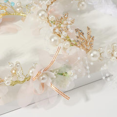 Faux Pearl Flower Headband Hand Braided Golden Leaf Tiara