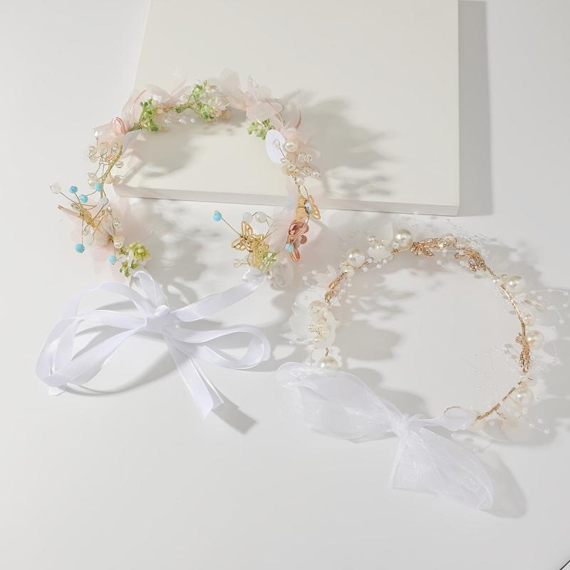 Faux Pearl Flower Headband Hand Braided Golden Leaf Tiara
