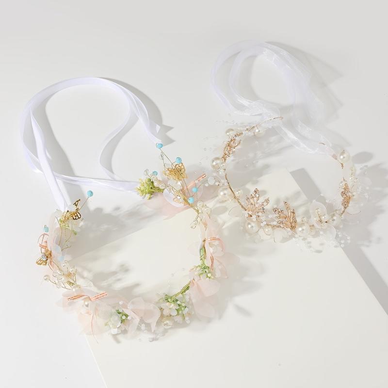 Faux Pearl Flower Headband Hand Braided Golden Leaf Tiara