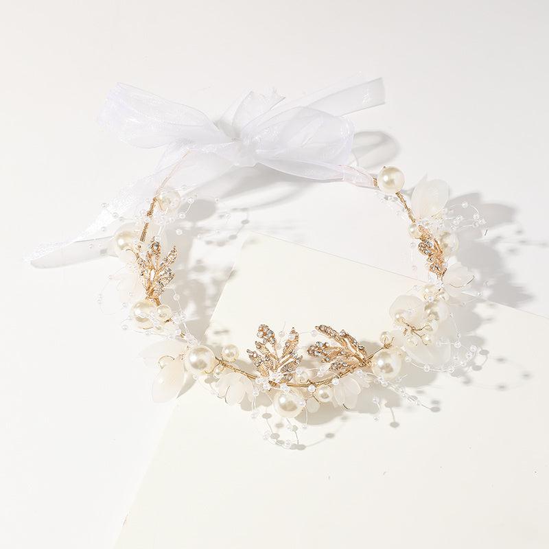 Faux Pearl Flower Headband Hand Braided Golden Leaf Tiara