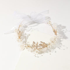 Faux Pearl Flower Headband Hand Braided Golden Leaf Tiara