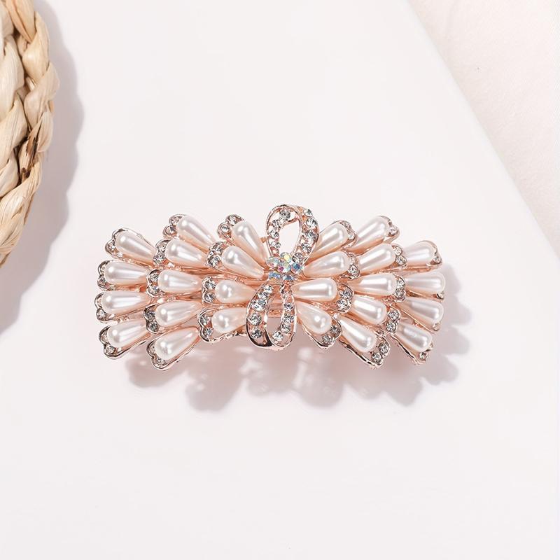 Faux Pearl Rhinestone Bow Hair Clip for Women Girls