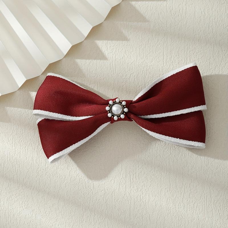 Red Faux Pearl Hair Clip Bow Hairpin for Daily Use