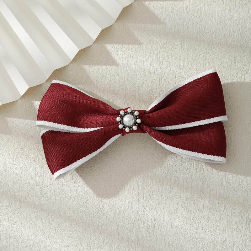 Red Faux Pearl Hair Clip Bow Hairpin for Daily Use