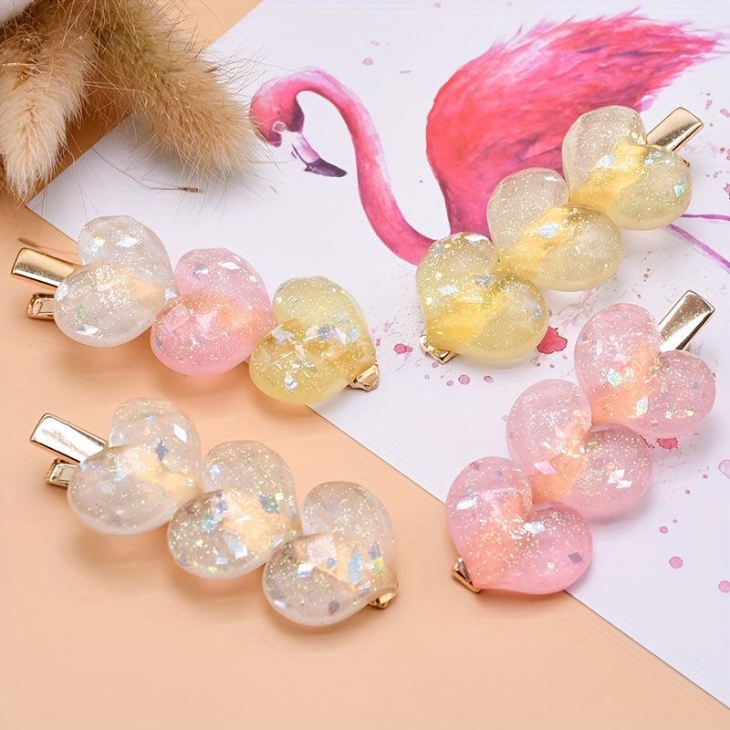 4pcs Glitter Heart Duck Billed Hair Clip Jelly Hair Clip for Girls