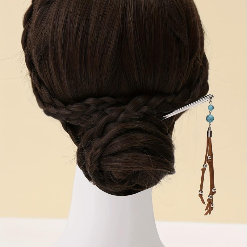 Retro Style Hair Stick With Turquoise Bead Tassel Boho Style Hair Pin