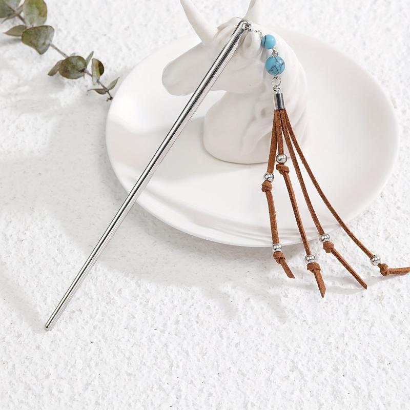 Retro Style Hair Stick With Turquoise Bead Tassel Boho Style Hair Pin